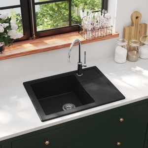 vidaXL Chiuvetă de bucătărie cu orificiu de preaplin, negru, oval, granit imagine