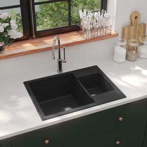 vidaXL Chiuvetă bucătărie dublă cu orificiu de preaplin, negru, granit imagine