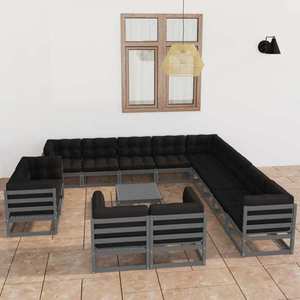 vidaXL Set mobilier grădină cu perne, 14 piese, gri, lemn masiv de pin imagine