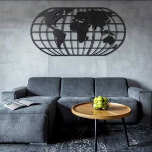Decoratiune de perete, World Map Globe, Metal, Dimensiune: 60 x 120 cm, Negru imagine