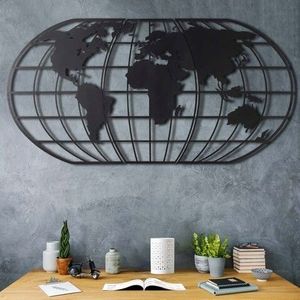 Decoratiune de perete, World Map Globe Led, Metal, Dimensiune: 60 x 120 cm, Negru imagine