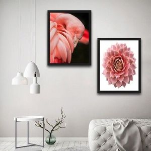 Set 2 tablouri decorative, Pink Flamingo Flower Set, PAL, Hartie, Multicolor imagine