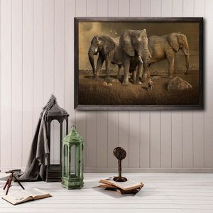 Tablou decorativ, Elephant Horde, Lemn, Lemn, Multicolor imagine