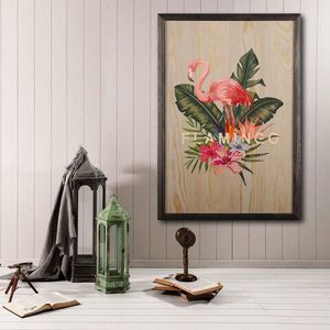 Tablou decorativ, Flamingo, Lemn, Lemn, Multicolor imagine