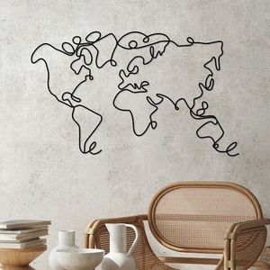 Decoratiune de perete, World Map, Metal, Grosime: 2 mm, Negru imagine