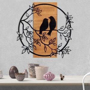 Decoratiune de perete, Birds İn Love 1, Metal, Cadru: 100% LEMN (grosime: 3 cm), Nuc negru imagine
