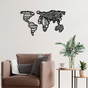 Decoratiune de perete, World Map 8, Metal, 100 x 57 cm, Negru imagine