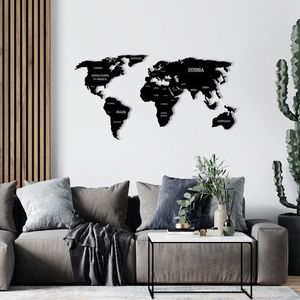Decoratiune de perete, World Map 3, Metal, Dimensiune: 135 x 69 cm, Negru imagine