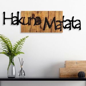Decoratiune de perete, Hakuna Matata 4 , Lemn/metal, Dimensiune: 108 x 3 x 30 cm, Negru / Nuc deschis imagine