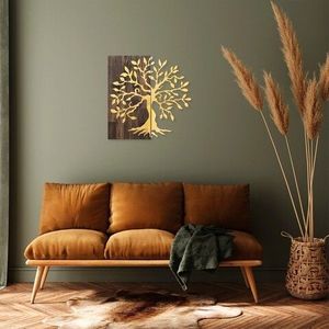 Decoratiune de perete, Tree, 50% lemn/50% metal, Dimensiune: 58 x 58 cm, Nuc / Aur imagine
