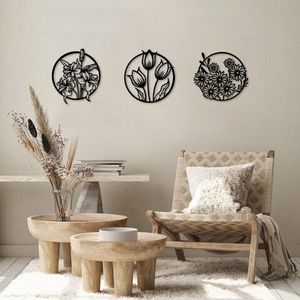 Decoratiune de perete, Flowers, Metal, 30 x 34 cm, 3 piese, Negru imagine