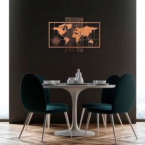 Decoratiune de perete, World Map Wıth Compass, 50% lemn/50% metal, Dimensiune: 85 x 58 cm, Nuc / Cupru imagine