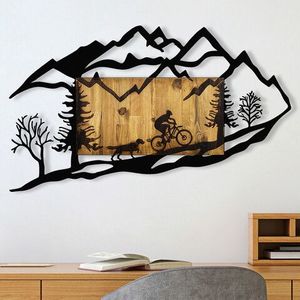 Decoratiune de perete, Bicycle Riding in Nature 1, Metal/lemn, Dimensiune: 110 x 3 x 65 cm, Nuc / Negru imagine