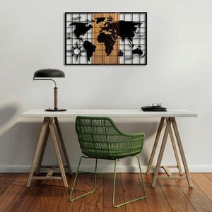 Decoratiune de perete, World Map, 50% lemn/50% metal, Dimensiune: 90 x 3 x 58 cm, Nuc negru imagine