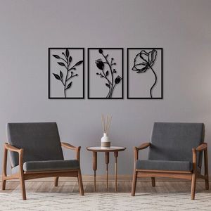 Decoratiune de perete, Flowers, Metal, 49 x 70 cm, 3 piese, Negru imagine
