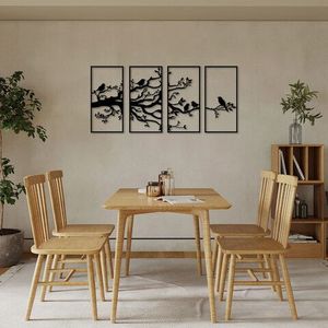 Decoratiune de perete, Tree Branch And Birds, Metal, 34 x 70 cm, 4 piese, Negru imagine