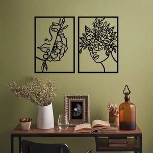 Decoratiune de perete, Flower Woman, Metal, 50 x 70 cm, 2 piese, Negru imagine