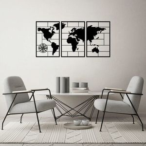 Decoratiune de perete, World Map, Metal, 50 x 75 cm, 3 piese, Negru imagine