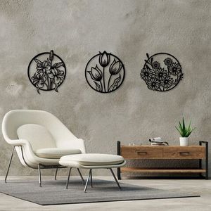 Decoratiune de perete, Flowers, Metal, 72 x 79 cm, 3 piese, Negru imagine
