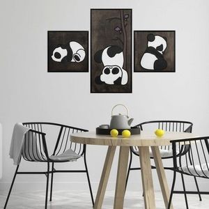 Decoratiune de perete, Panda Family, Placaj, 30 x 30 cm, 2 piese, Alb/Negru imagine