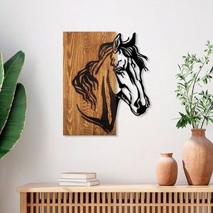 Decoratiune de perete, Horse 1, Lemn/metal, Dimensiune: 48 x 57 cm, Nuc / Negru imagine