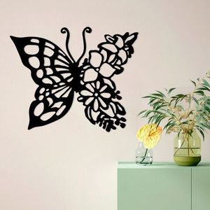 Decoratiune de perete, Butterfly From Flower, Metal, Dimensiune: 59 x 1, 5 x 49 cm, Negru imagine
