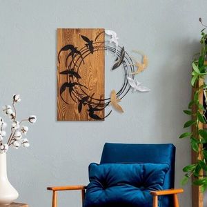Decoratiune de perete, Spiral Birds 2, Lemn/metal, Dimensiune: 58 x 58 cm, Nuc / Negru imagine