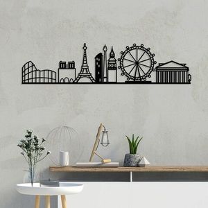 Decoratiune de perete, European Cities Skyline, Metal, Dimensiune: 120 x 29 cm, Negru imagine