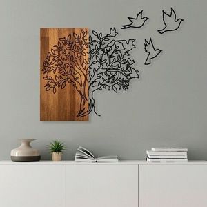 Decoratiune de perete, Tree And Birds 1, Lemn/metal, Dimensiune: 61 x 58 cm, Nuc / Negru imagine