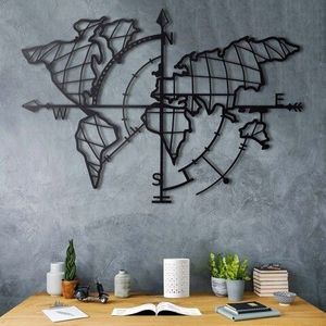 Decoratiune de perete, World Map Compass, Metal, Dimensiune: 65 x 95 cm, Negru imagine