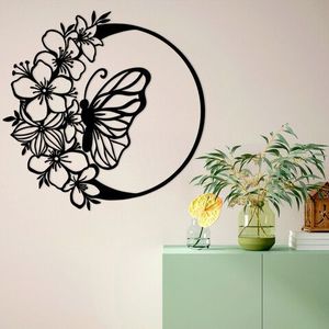 Decoratiune de perete, Butterfly And Flower, Metal, Dimensiune: 69 x 1, 5 x 68 cm, Negru imagine