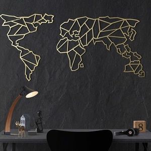 Decoratiune de perete, World Map, Metal, Dimensiune: 60 x 120 cm, Auriu imagine