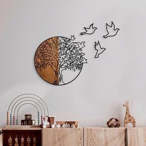 Decoratiune de perete, Tree And Birds 2, Lemn/metal, Dimensiune: 60 x 56 cm, Nuc / Negru imagine