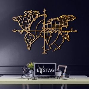 Decoratiune de perete, World Map Compass Led, Metal, Dimensiune: 65 x 95 cm, Auriu imagine
