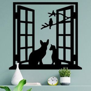 Decoratiune de perete, Cat In The Window, Metal, 100 x 92 cm, Negru imagine
