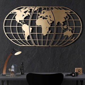 Decoratiune de perete, World Map Globe, Metal, Dimensiune: 60 x 120 cm, Auriu imagine