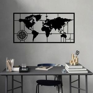 Decoratiune de perete, World Map Metal Decor 7, Metal, Dimensiune: 121 x 60 cm, Negru imagine