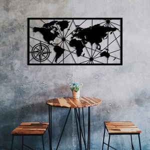 Decoratiune de perete, World Map Medium 2, Metal, 100 x 50 cm, Negru imagine