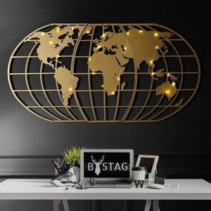 Decoratiune de perete, World Map Globe Led, Metal, Dimensiune: 60 x 120 cm, Auriu imagine