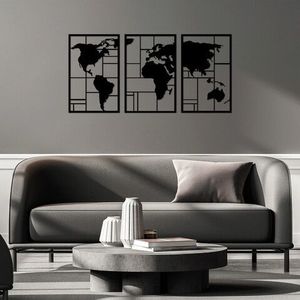 Decoratiune de perete, World Map 3, Metal, 48 x 74 cm, 3 piese, Negru imagine