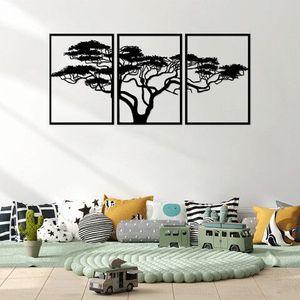 Decoratiune de perete, Acacia Tree, Metal, 50 x 70 cm, 3 piese, Negru imagine