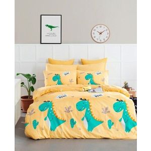 Lenjerie de pat pentru o persoana (ES), Little Dino - Yellow, Mijolnir, Bumbac Ranforce imagine