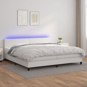 vidaXL Pat cu arcuri, saltea și LED, alb, 200x200 cm, piele ecologică imagine