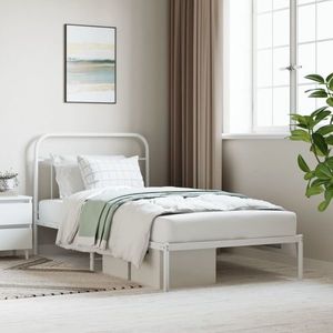 vidaXL Cadru de pat din metal cu tăblie, alb, 107x203 cm imagine
