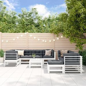 vidaXL Set mobilier de grădină cu perne, 10 piese, alb, lemn masiv imagine