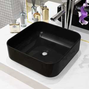vidaXL Chiuvetă de baie din ceramică, pătrată, negru, 38x38x13, 5 cm imagine