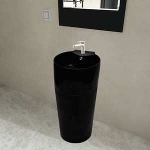 Chiuvetă baie suport, orificiu robinet/preaplin, rotund, ceramică, negru imagine