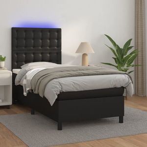 vidaXL Pat cu arcuri, saltea și LED, negru, 100x200cm, piele ecologică imagine