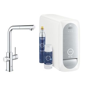 Baterie bucatarie Grohe Blue Home Duo cu dus extractibil pipa L sistem filtrare racire si carbonatare starter kit crom imagine
