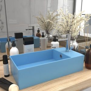 vidaXL Chiuvetă de baie cu preaplin, albastru deschis, ceramică imagine